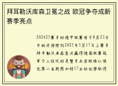 拜耳勒沃库森卫冕之战 欧冠争夺成新赛季亮点